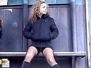 2 movies - Upskirt gallery with curly haired schoolgirl in fishnets hunted down and filmed