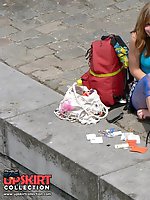 12 pictures - Upskirting - blonde teenie in blue leggings
