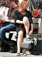 Upskirt pictures - Redhead milf on a bench. Candid sitting upskirt