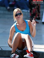 12 pictures - Smoking blonde in mini spyed, up skirt sitting