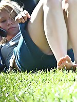 Upskirt pictures - Two beauties on a glade. Candid up skirt pictures