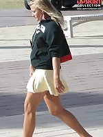 24 pictures - Young blonde in white mini on the street. Real upskirt