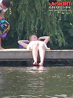 12 pictures - Blondie near the pool. Sexy up skirt pics