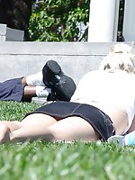 12 pictures - Cute blonde in black denim mini. Hot upskirt