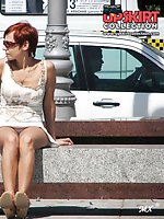 12 pictures - Brunette and redhead flash upskirt