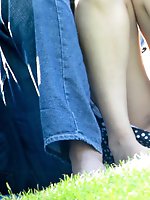 Upskirt pictures - Striped cotton panties on her ass. Up skirt pics