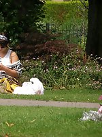 12 pictures - Upskirt view, of young cutie in denim mini skirt